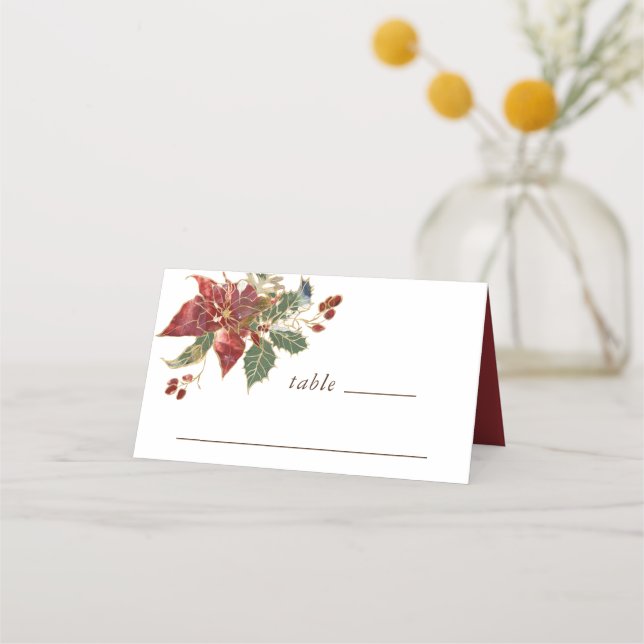 Red Poinsettia Floral Christmas Winter Wedding Place Card (Front)