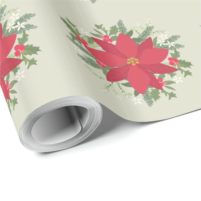 Red Poinsettia Floral Christmas Wrapping Paper (Roll Corner)