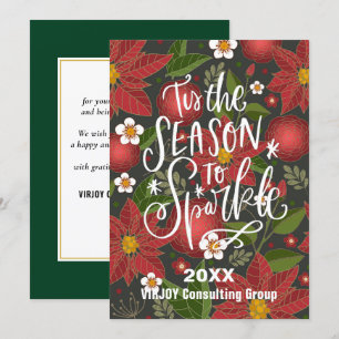 Red Poinsettia Floral Elegant Script Corporate Holiday Card