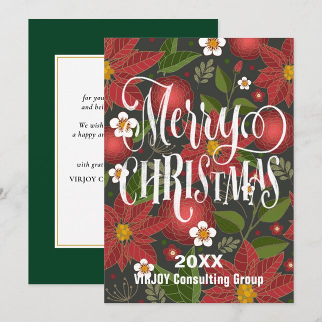 Red Poinsettia Floral Elegant Script Corporate   Holiday Card (Front/Back)