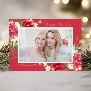 Red Poinsettia Floral Frame Photo Holiday Card