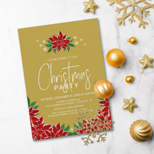 Red Poinsettia Floral Gold Christmas Party Invitation