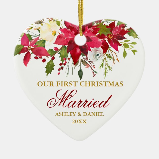 Red Poinsettia Floral Gold First Christmas Married Ceramic Tree Decoration (Front)