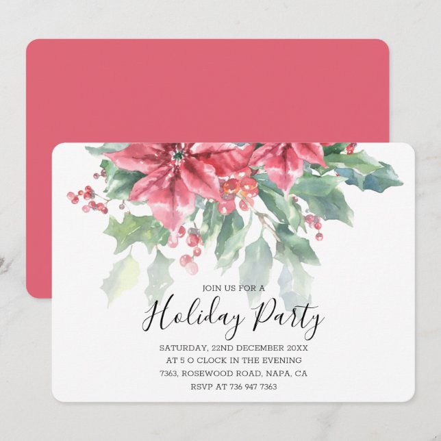 Red Poinsettia Floral Greenery Chic Holiday Party Invitation (Front/Back)