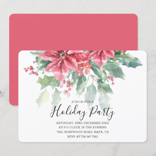Red Poinsettia Floral Greenery Chic Holiday Party Invitation