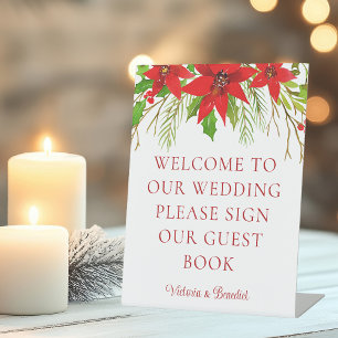 Red Poinsettia Floral Holiday Wedding Guest Book Pedestal Sign