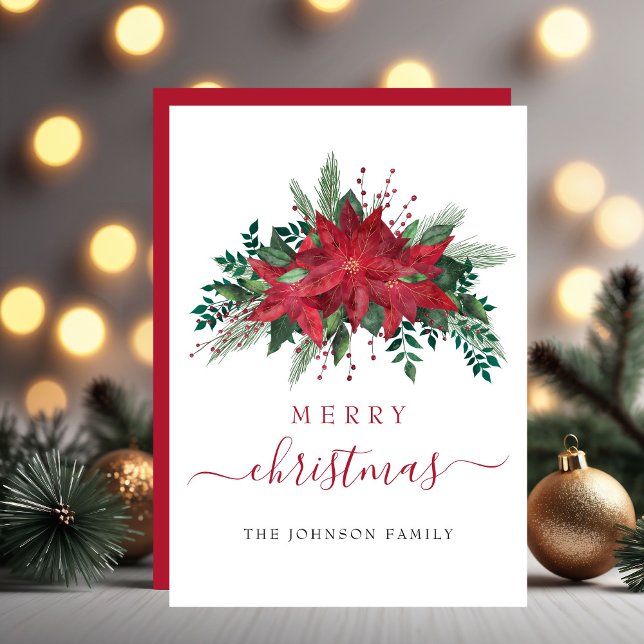 Red Poinsettia Floral Merry Christmas Holiday Card (Red Poinsettia Floral Merry Christmas Holiday Card)