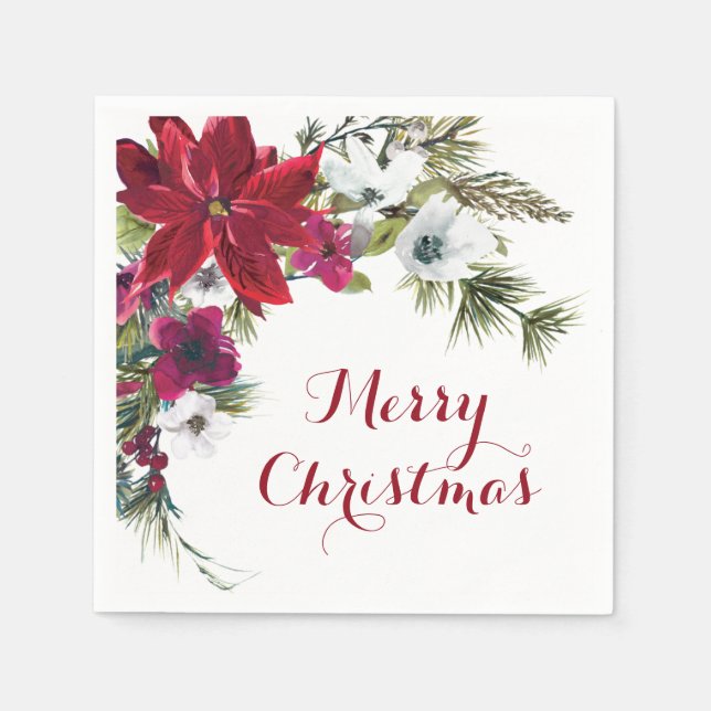 Red Poinsettia Floral Merry Christmas Party  Napkin (Front)