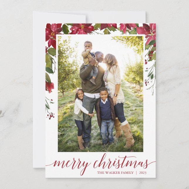 Red Poinsettia Floral Photo Christmas Cards (Front)