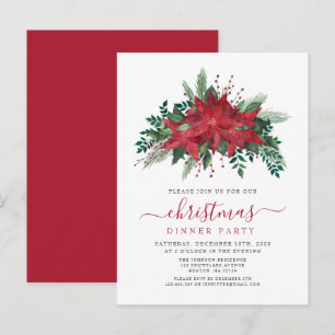 Red Poinsettia Floral Script Christmas Party Invitation Postcard