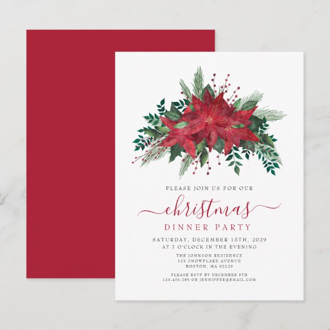 Red Poinsettia Floral Script Christmas Party  Invitation Postcard (Front/Back)