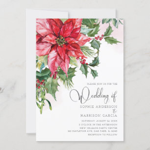 Red Poinsettia Floral Watercolor Christmas Wedding Invitation
