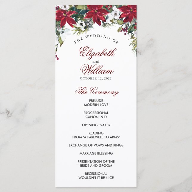 Red Poinsettia Floral Watercolor Wedding Ceremony Programme (Front)