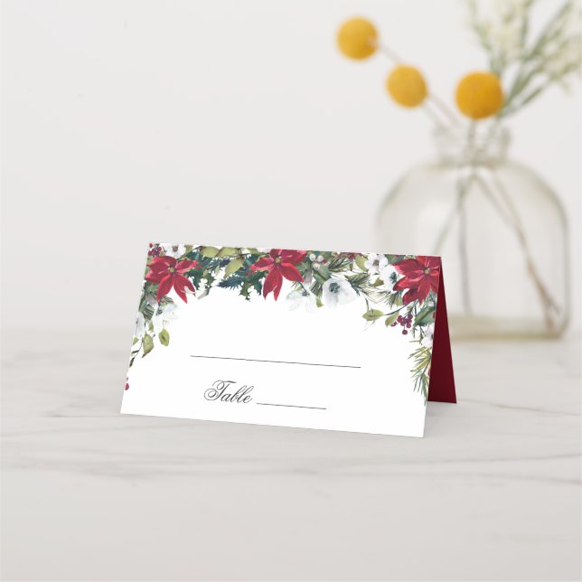 Red Poinsettia Floral Watercolor Wedding Table Place Card (Front)