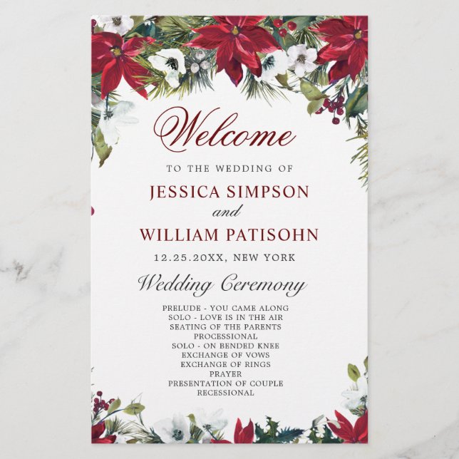 Red Poinsettia Floral Wedding Ceremony Program (Front)
