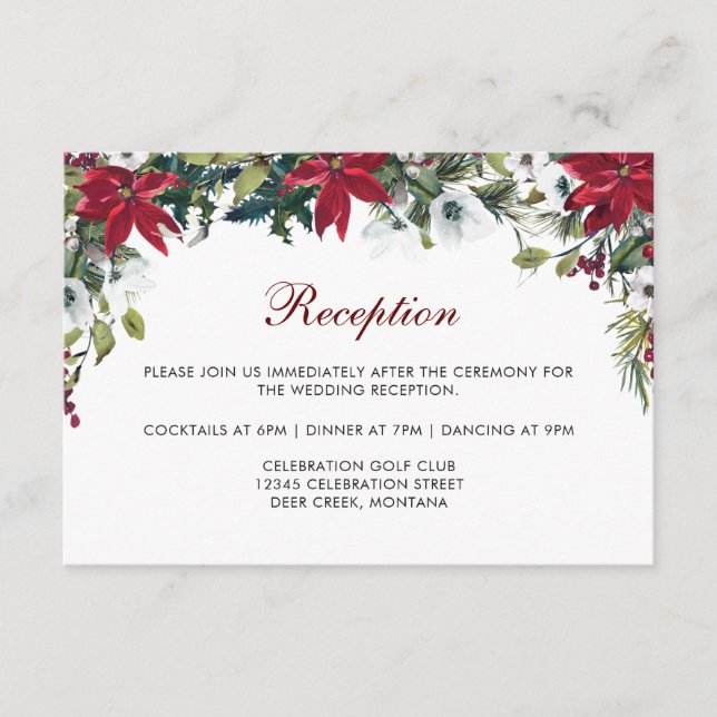 Red Poinsettia Floral  Wedding Reception Details Enclosure Card (Front)