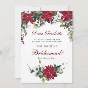 Red Poinsettia Floral  Will You Be My Bridesmaid Invitation