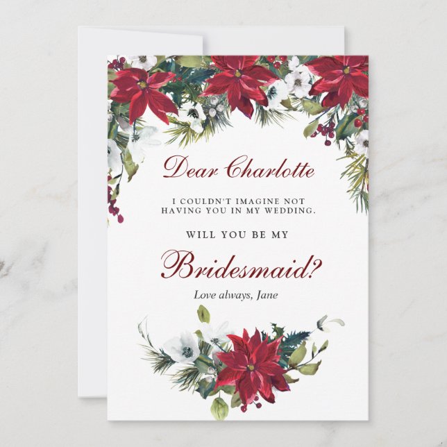 Red Poinsettia Floral  Will You Be My Bridesmaid Invitation (Front)