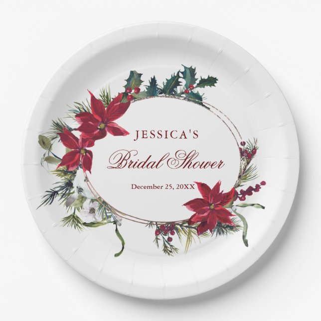 Red Poinsettia Floral Winter Bridal Shower Party Paper Plate (Front)