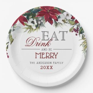 Red Poinsettia Floral Winter Christmas Party Paper Plate