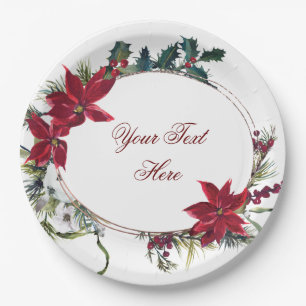 Red Poinsettia Floral Winter Christmas Party Paper Plate