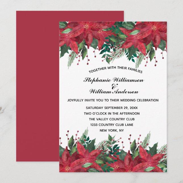 Red Poinsettia Floral Winter Christmas Wedding Inv Invitation (Front/Back)