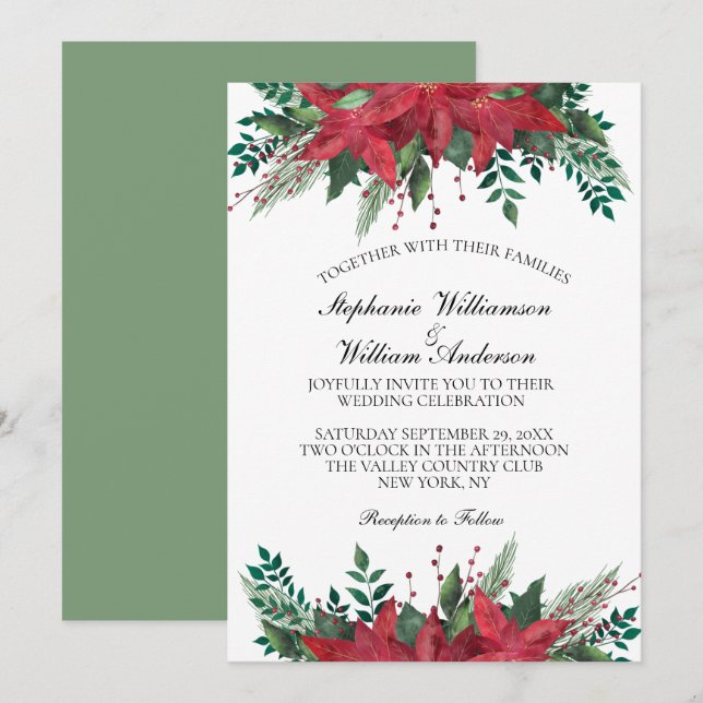 Red Poinsettia Floral Winter Christmas Wedding  Invitation (Front/Back)