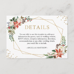 Red Poinsettia Floral Winter Wedding Details Enclosure Card