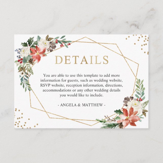Red Poinsettia Floral Winter Wedding Details Enclosure Card (Front)