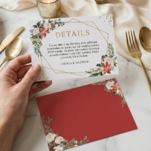 Red Poinsettia Floral Winter Wedding Details Enclosure Card
