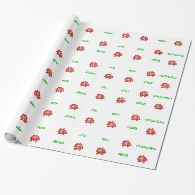 Red Poinsettia Flower and Green Words Wrapping Paper (Unrolled)