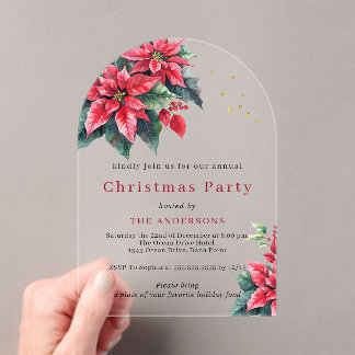 Red Poinsettia flower Christmas party Acrylic Invitations