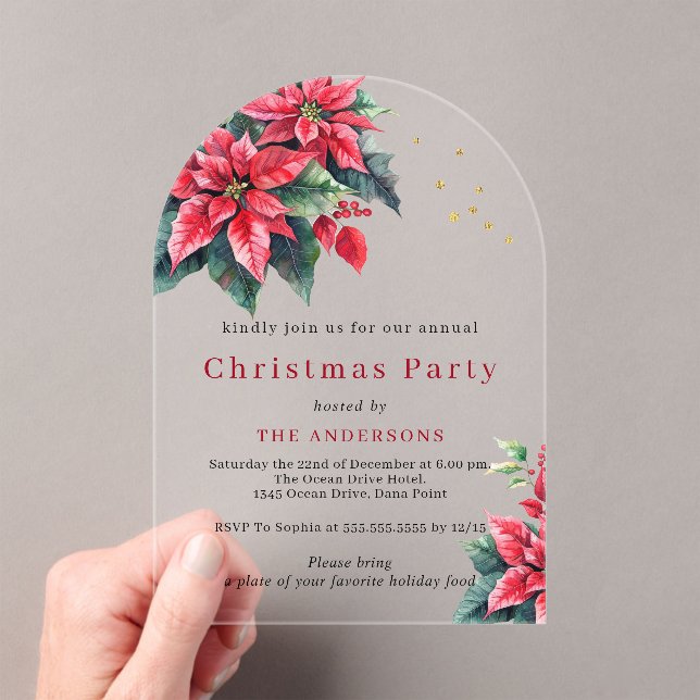  Red Poinsettia flower Christmas party Acrylic Invitations (Insitu (Handheld))