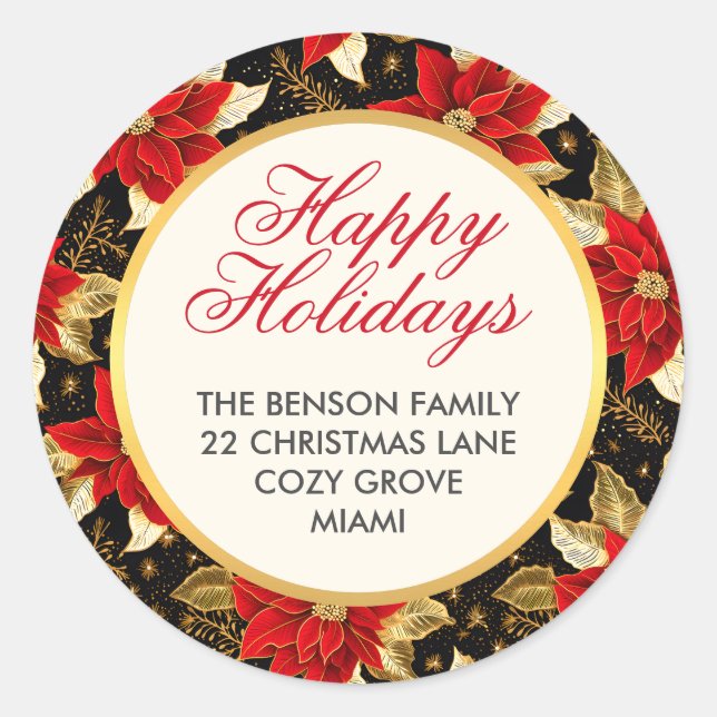 Red Poinsettia Flower Happy Holidays Christmas Classic Round Sticker (Front)