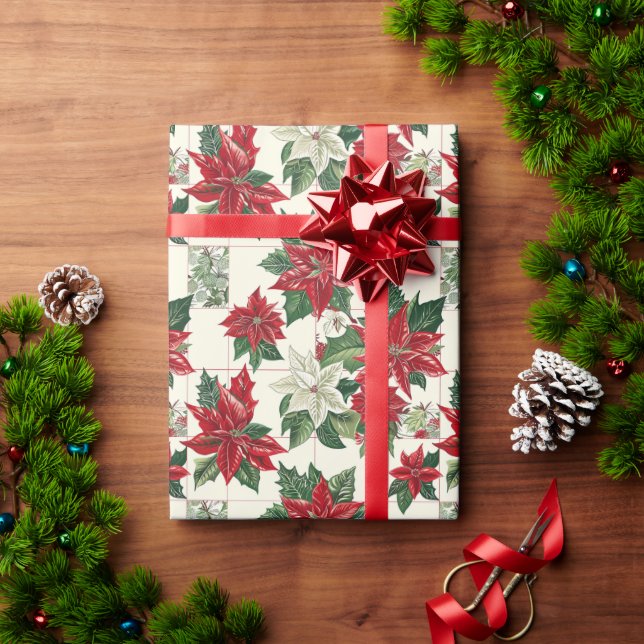 Red Poinsettia Flower On A Cream Background Wrapping Paper (Holiday Gift)