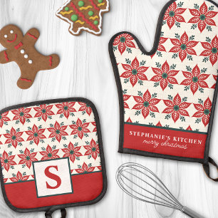 Red Poinsettia Flower Pattern Floral Monogrammed Oven Mitt & Pot Holder Set