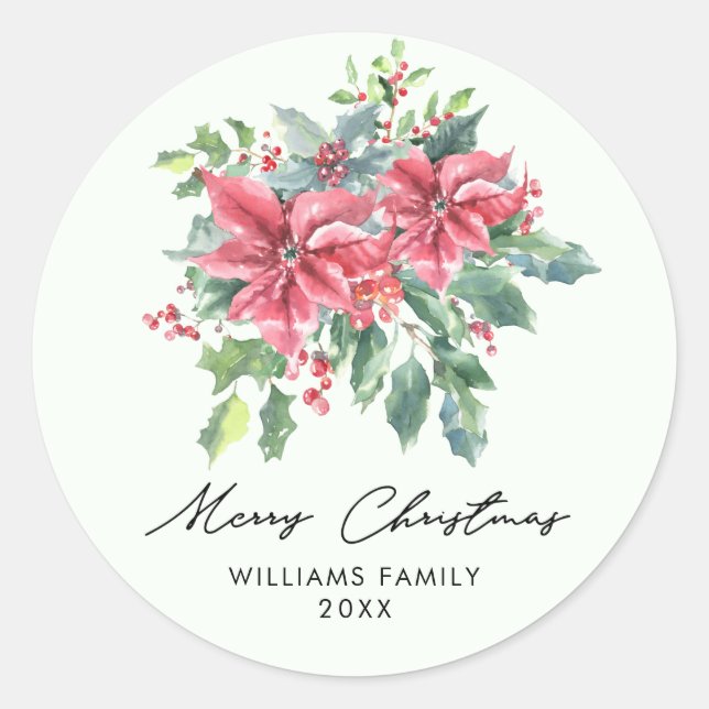 Red Poinsettia Flower Script Merry Christmas Classic Round Sticker (Front)