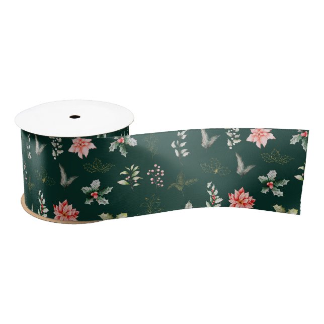 Red Poinsettia Flowers and Foliage on Dark Green Satin Ribbon (Spool)