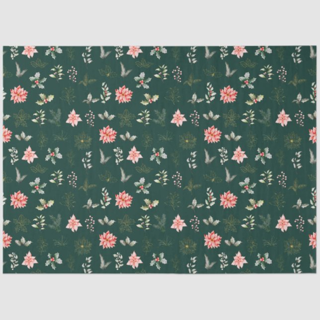 Red Poinsettia Flowers and Foliage on Dark Green Tissue Paper (Front)