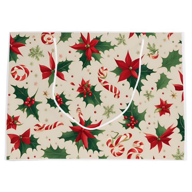 Red poinsettia flowers and holy leaves gift large gift bag (Front)