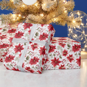 Red Poinsettia Flowers Christmas Berries Holiday Wrapping Paper