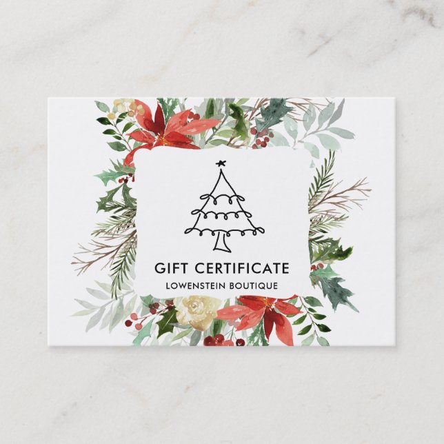 Red Poinsettia Flowers Christmas Gift Certificate (Front)
