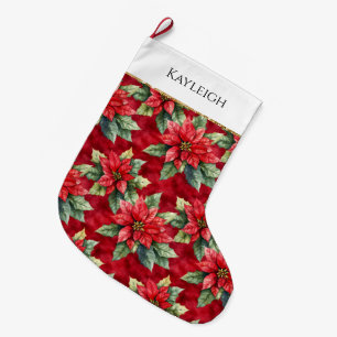 Red Poinsettia Flowers Christmas Gold Glitter Large Christmas Stocking