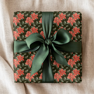Red Poinsettia Flowers Festive Christmas Holidays Wrapping Paper