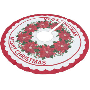 Red Poinsettia Flowers & Holly Berries Wreath Brushed Polyester Tree Skirt