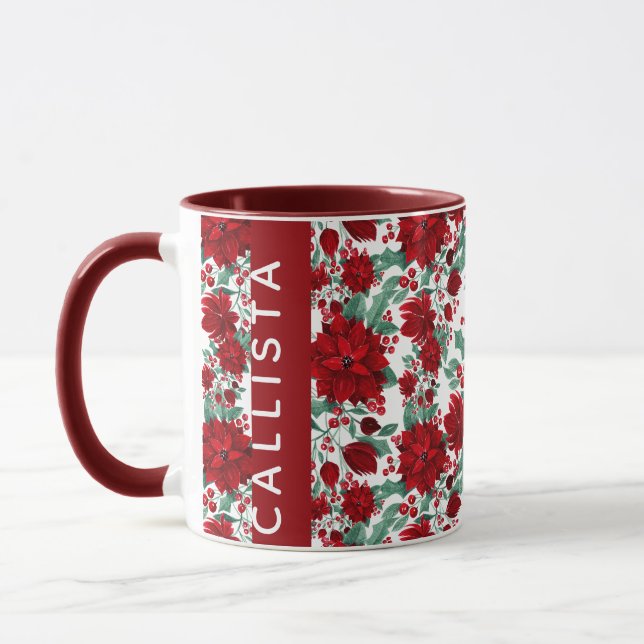 Red Poinsettia Flowers Ivy Leaves Watercolor Name Mug (Left)