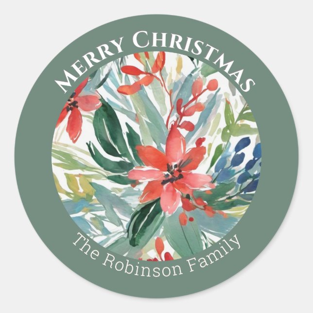 Red Poinsettia Flowers Leaves Elegant Botanical Classic Round Sticker (Front)