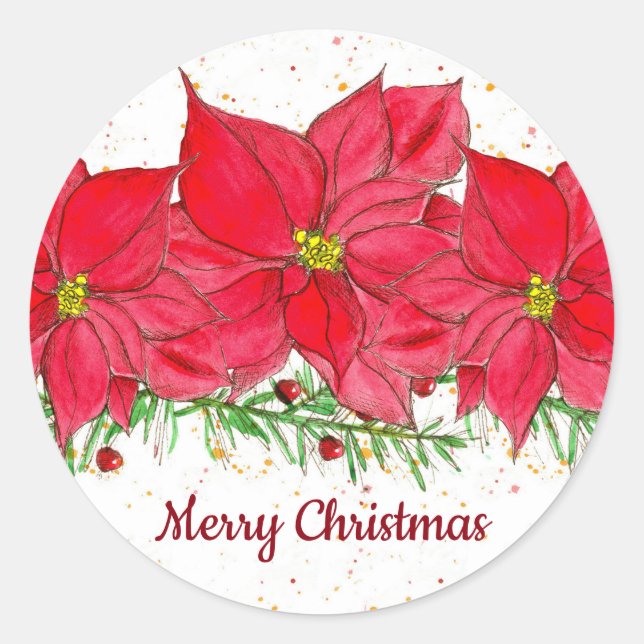 Red Poinsettia Flowers Merry Christmas Classic Round Sticker (Front)