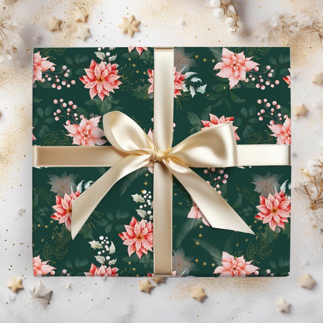 Red Poinsettia Flowers on Dark Green Wrapping Paper (Creator Uploaded)