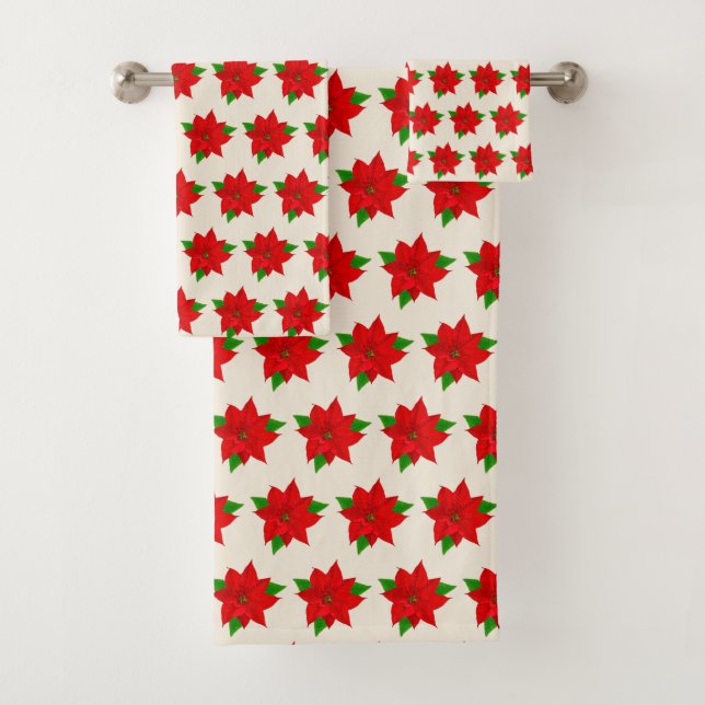 Red Poinsettia Flowers on Light Beige Bath Towel Set (Insitu)